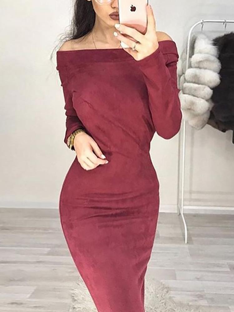 

Off Shoulder Long Sleeve Suede Midi Dress