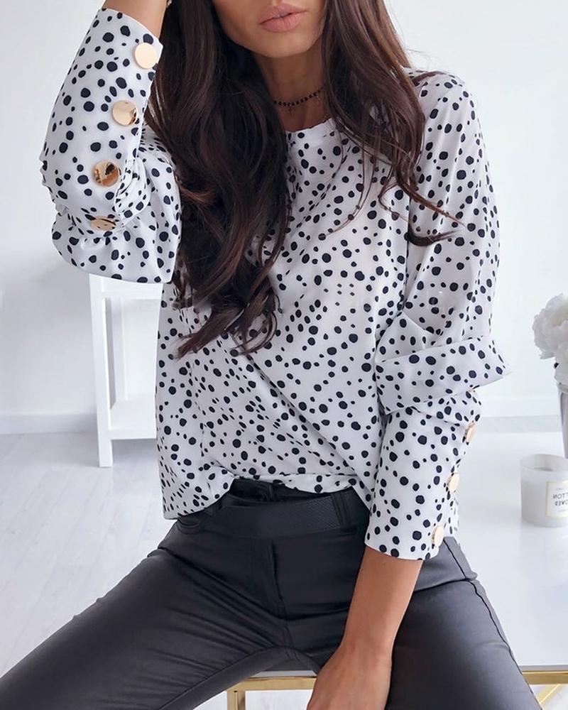 

Polka Dot Print Popper Cuff Blouse, White