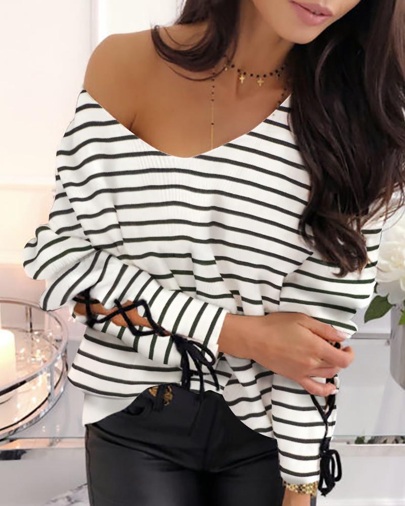 

Striped Tied Cuff Casual Blouse, Black