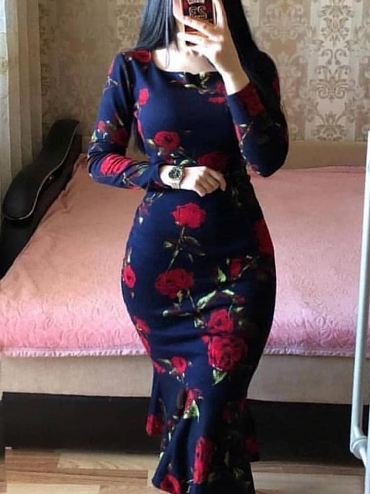 

Floral Print Fishtail Hem Long Sleeve Dress, Purplish blue