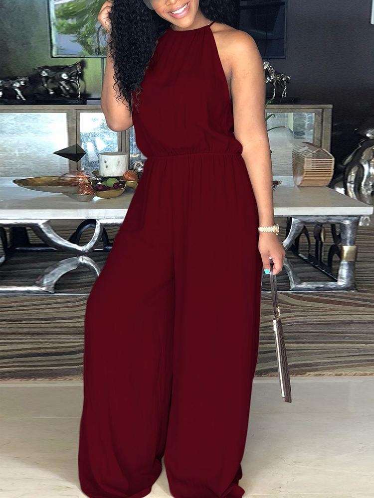 

Halter Drawstring Wasit Wide Leg Jumpsuit, Wine red