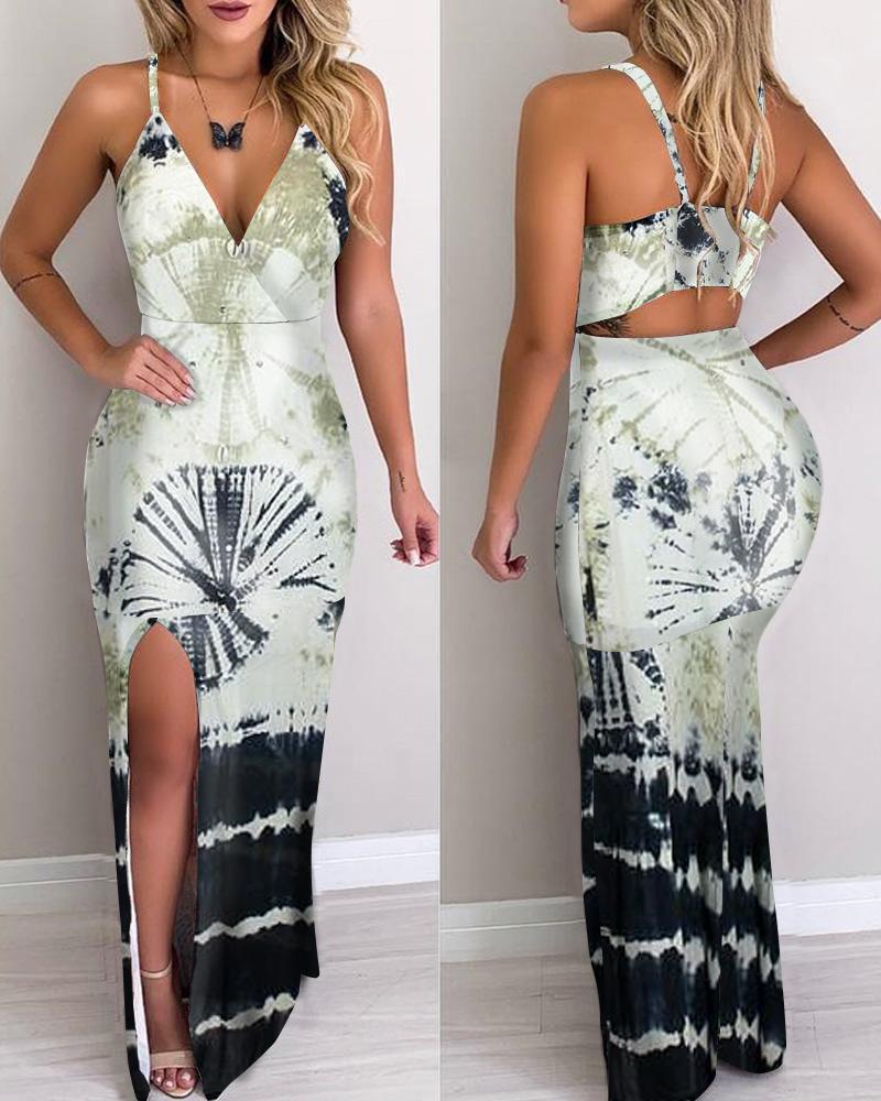 

Tie Dye Print Striped Cutout Back Slit Maxi Dress, Multicolor