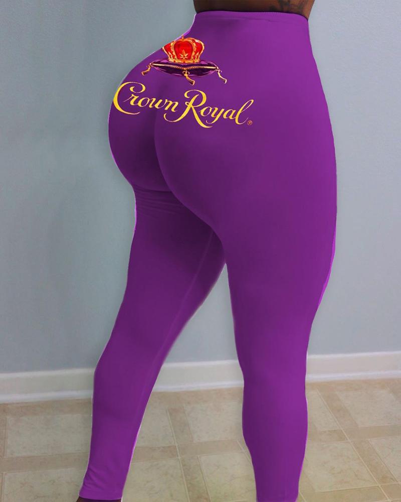 

Letter Print High Waist Leggings, Purple