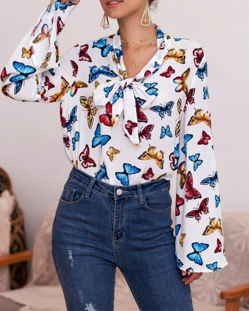 

Butterfly Print Bell Sleeve V Neck Knot Tops, White