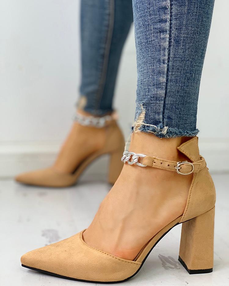 

Suede Pointed Toe Chain Buckled Chunky Heels, Khaki