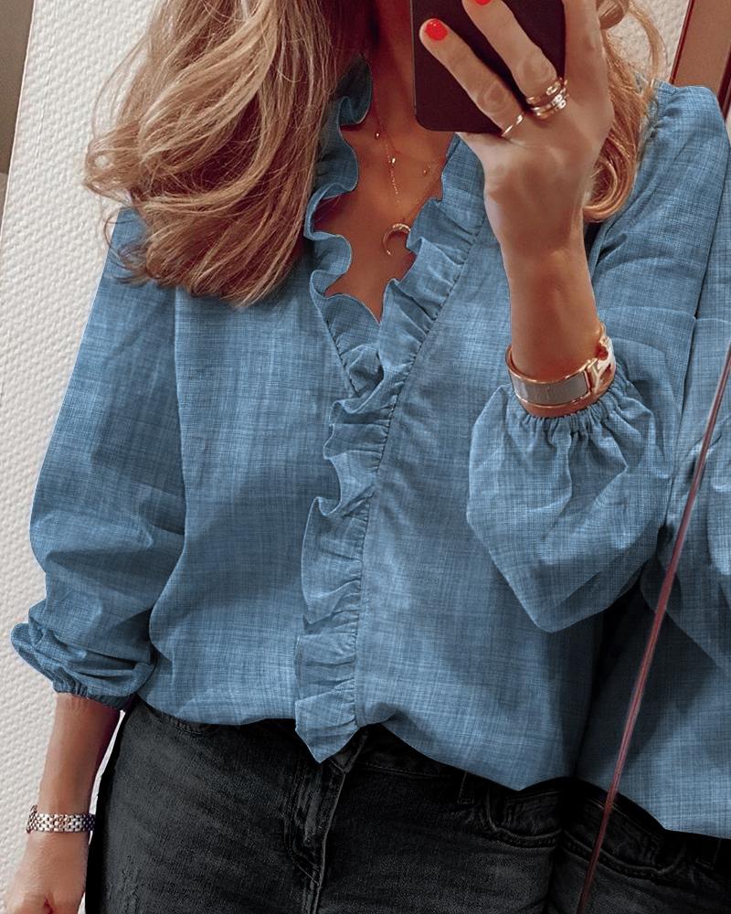 

Solid Long Sleeve Ruffles Casual Blouse, Blue