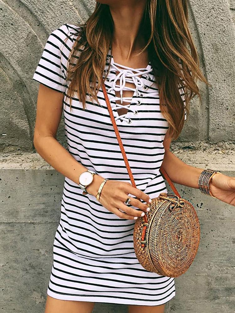 

Fashion Striped Lace-up Mini Dress, Black