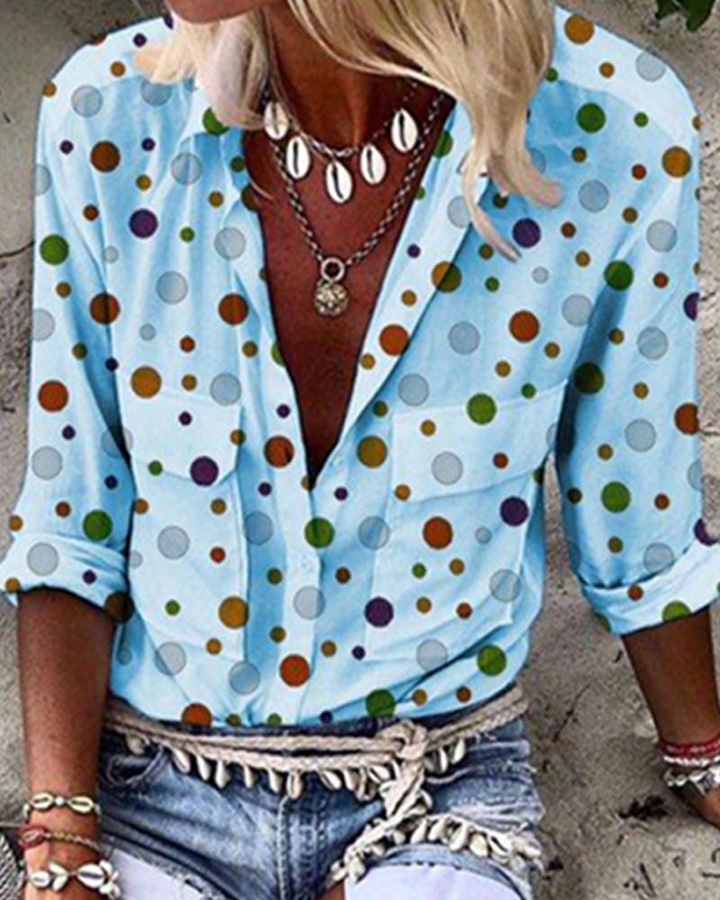 

Double Pockets Dot Print Shirt, Blue
