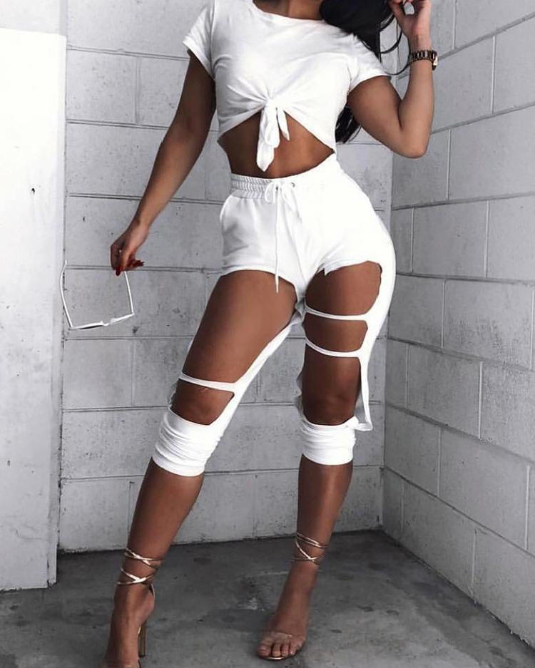

Fashion Ripped Drawstring Waist Pants, White