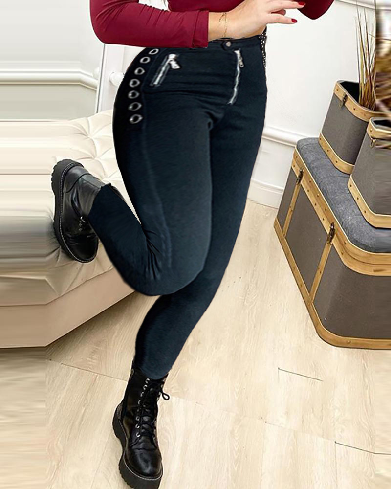 

Eyelet Zipper Design High Waist Denim Pants, Black