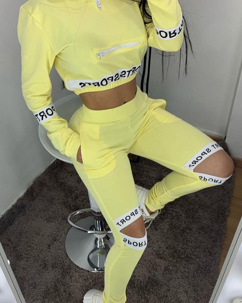 

Letter Print Zip Crop Top & Cutout Pants Set, Yellow