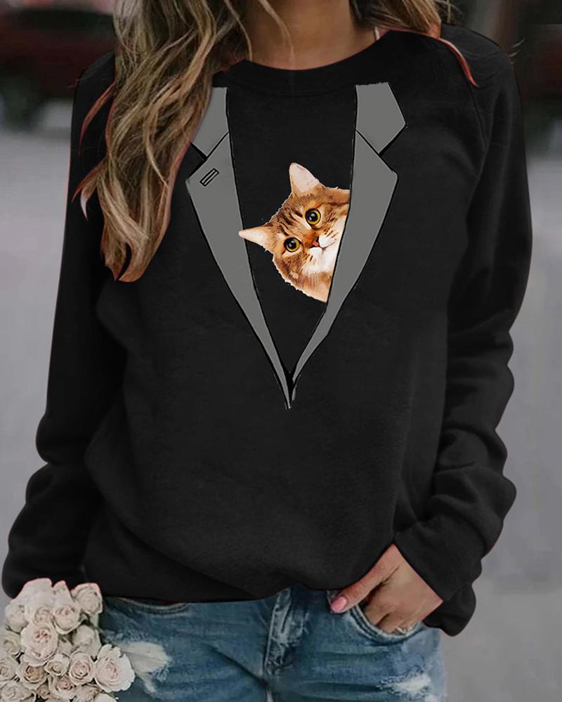 

Cat Print Pullover Casual Sweatshirt, Black