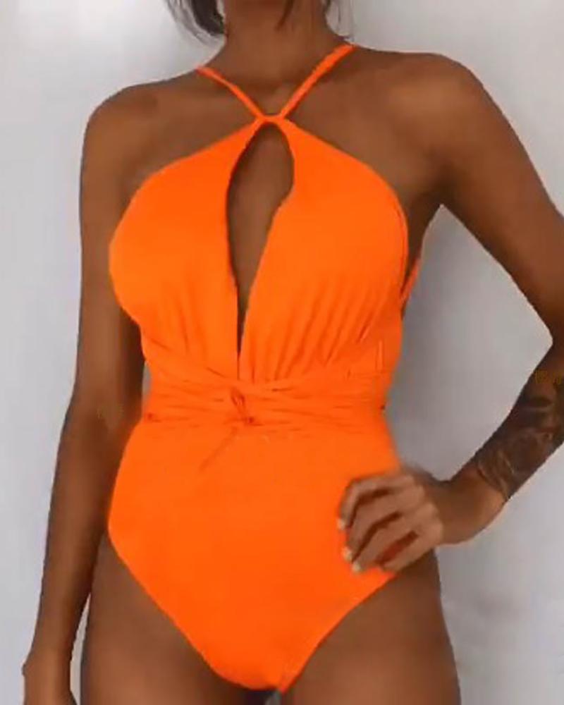 

Solid Spaghetti Strap One Piece Swimsuit, Orange