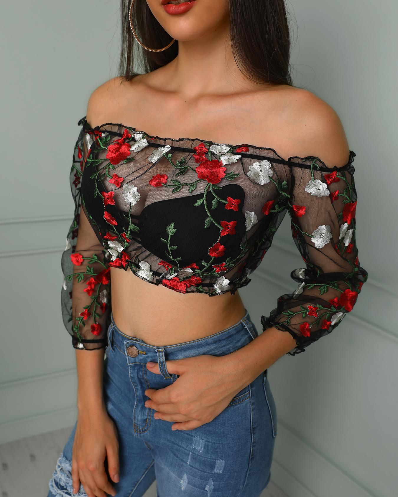 

Embroidered Sheer Mesh Off Shoulder Cropped Blouse