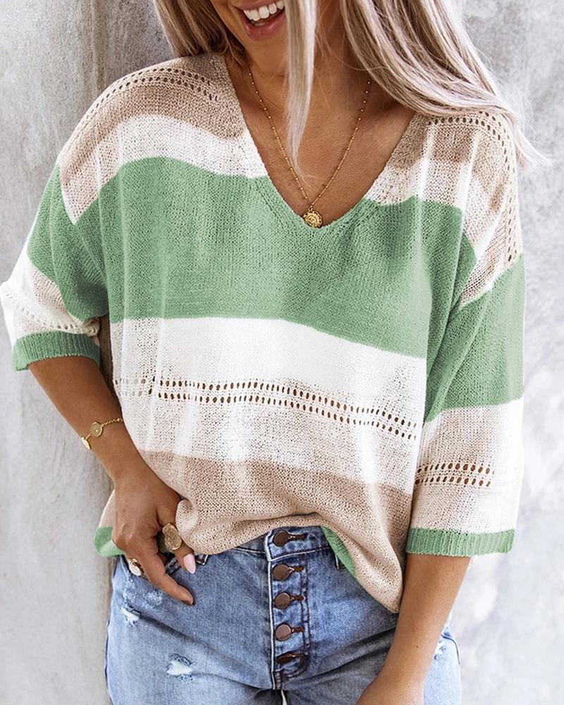 

Colorblock Hollow Out Knitted Casual Blouse, Green