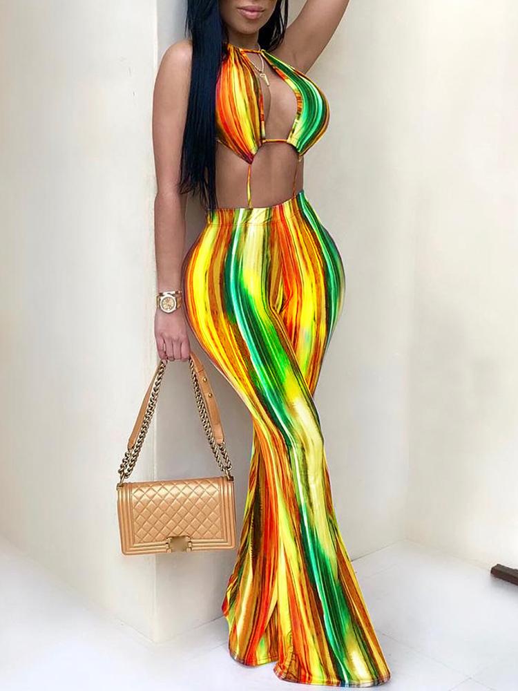 

Sexy Colorful Striped Halter Backless Jumpsuit