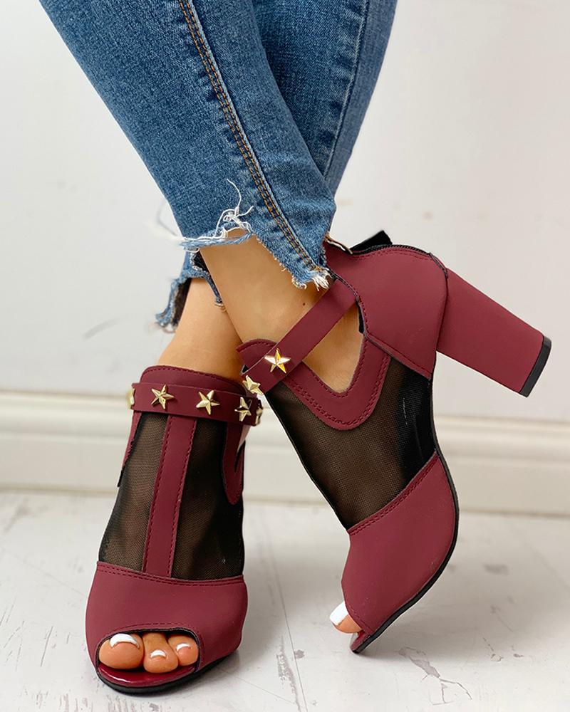 

Studded Mesh PU Splicing Peep Toe Chunky Heels, Wine red