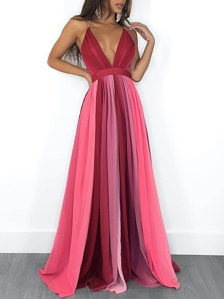 

Gradient Color Plunge Sleeveless Evening Dress, Red