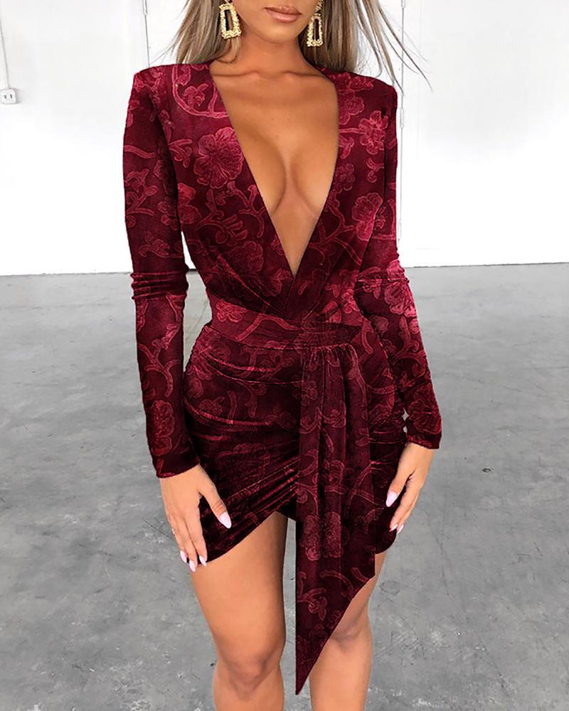 

Velvet Plunge Drape Floral Print Party Dress, Red