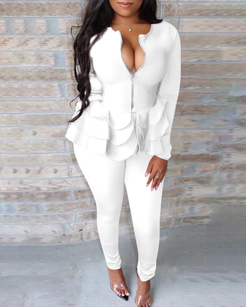 

Solid Zipper Design Layered Ruffles Top & Pants Sets, White