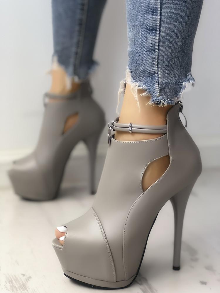 

Solid Cut Out Platform Thin Heeled Sandals, Gray