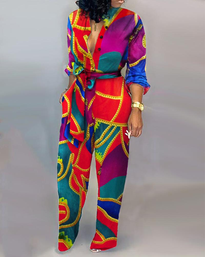 

Vintage Chains Print Tied Waist Jumpsuit, Multicolor
