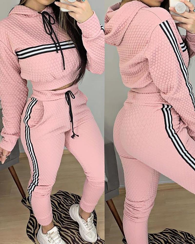 

Striped Tape Hooded Top & Drawstring Pants Set, Pink