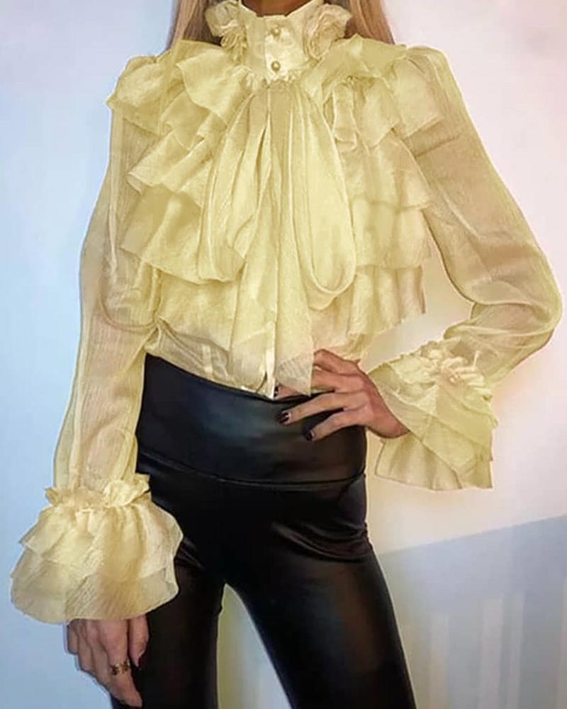 

Semi Sheer Buttoned Ruffles Blouse, Champagne