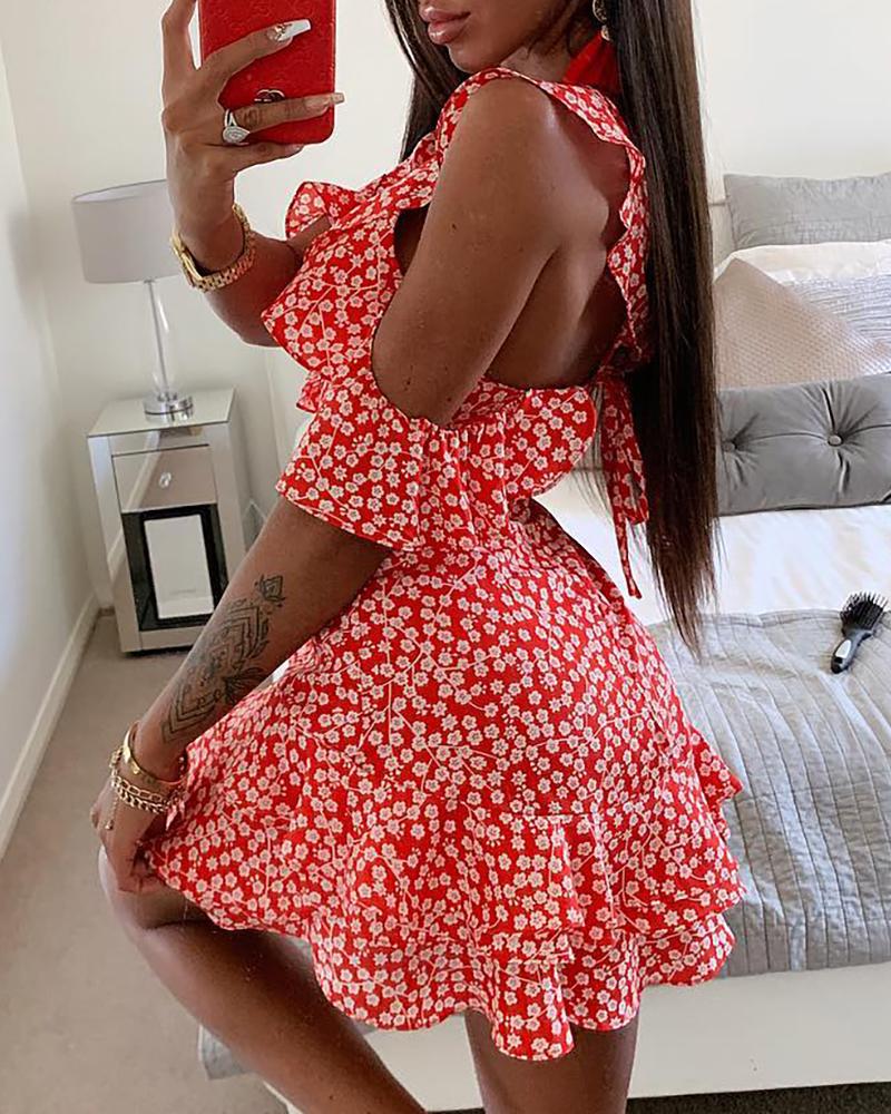 

Floral Print Cold Shoulder Ruffles Dress, Red