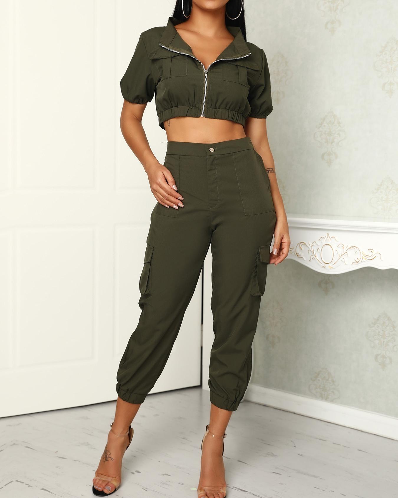 

Fashion Zipper Crop Top And Pocket Capri Pants Set, Army green