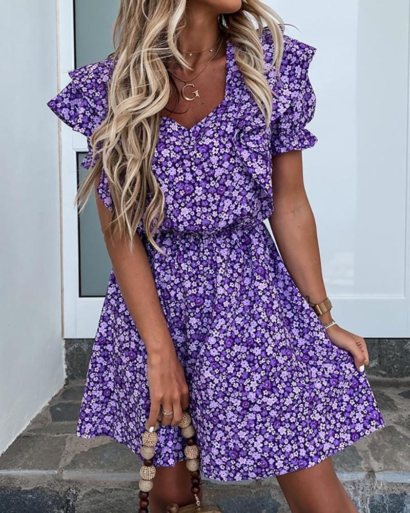 

Floral Print Layered Ruffles Sleeve Casual Dress, Purple