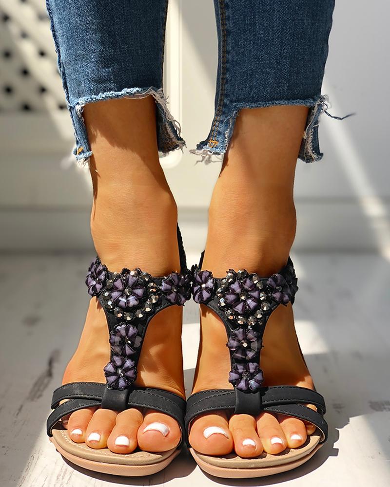 

Studded Flower Embellished Flat Sandals, Black