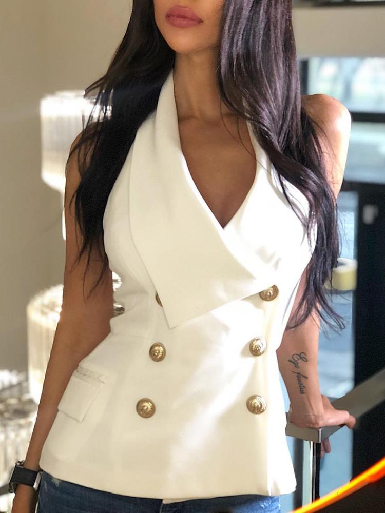 

Double Breasted V-Neck Blazer Vest, White