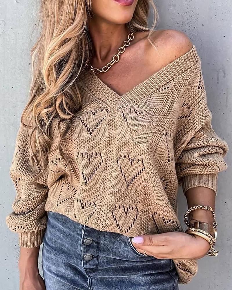 

Hollow Out Heart Pattern Sweater, Khaki