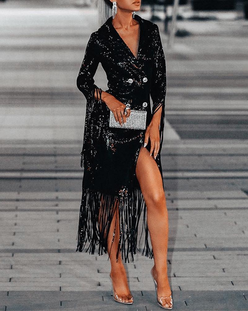 

Sequin Double Breasted Fringe Dress, Black