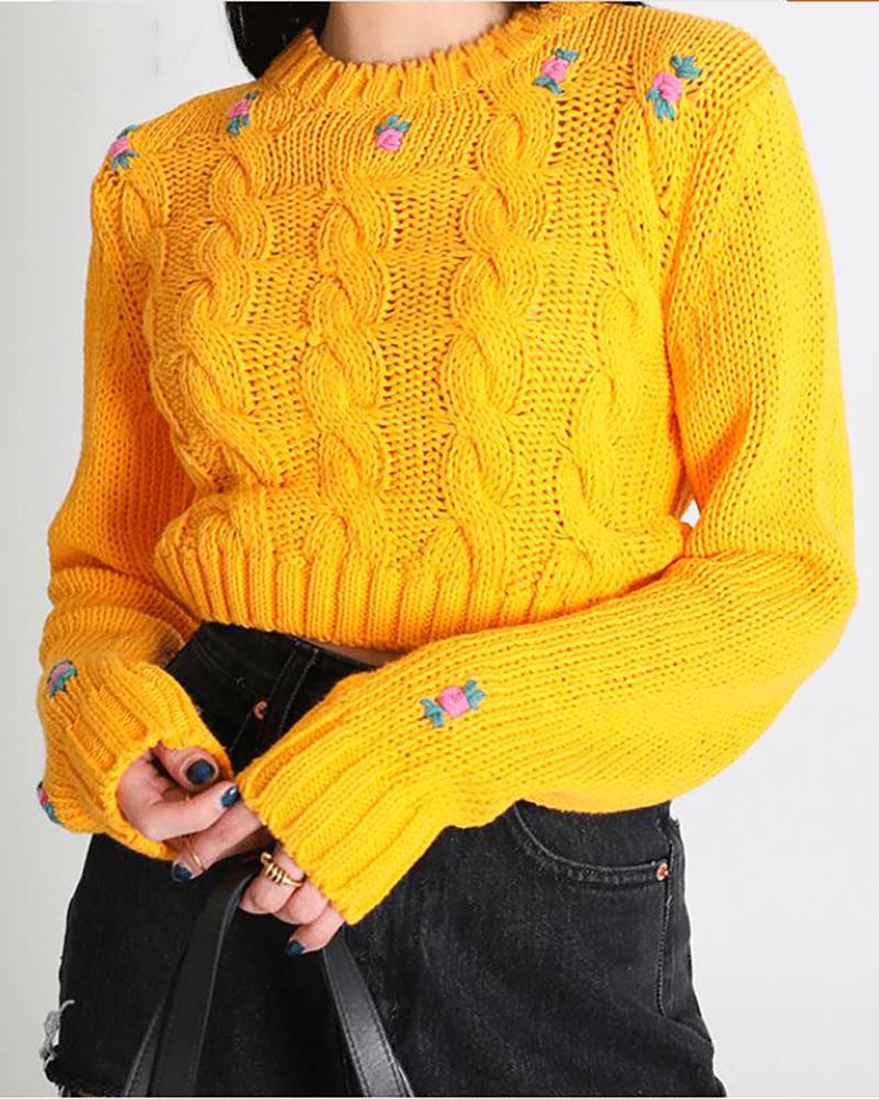 

Floral Pattern Knit Crop Top, Yellow
