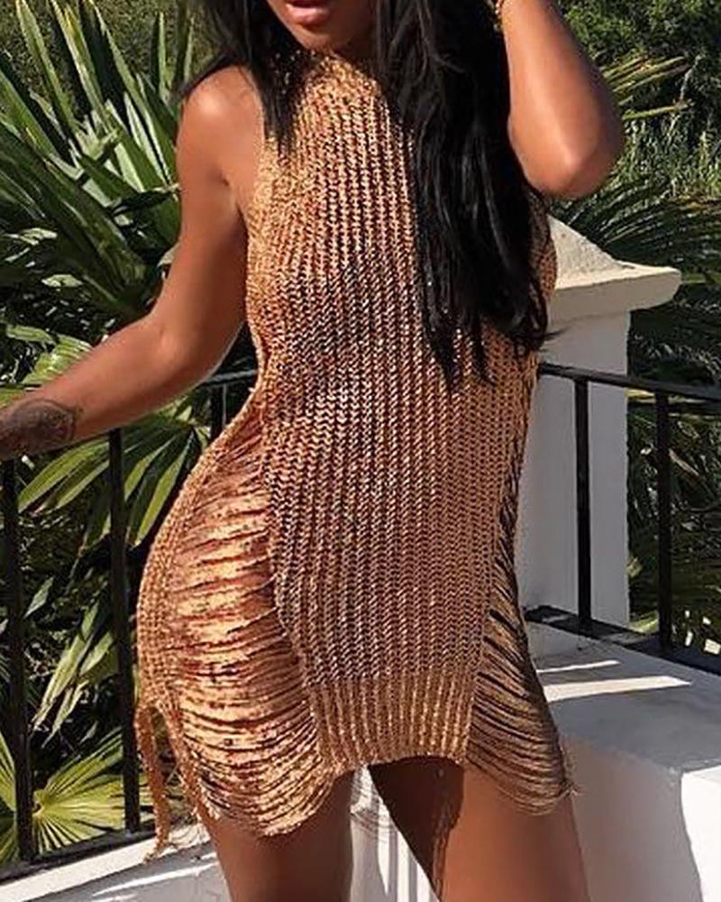 

Glitter Sleeveless Tassel Cover Up, Champagne