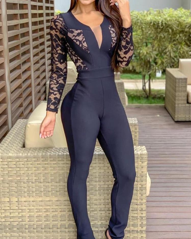 

Lace Insert Long Sleeve Jumpsuit, Black