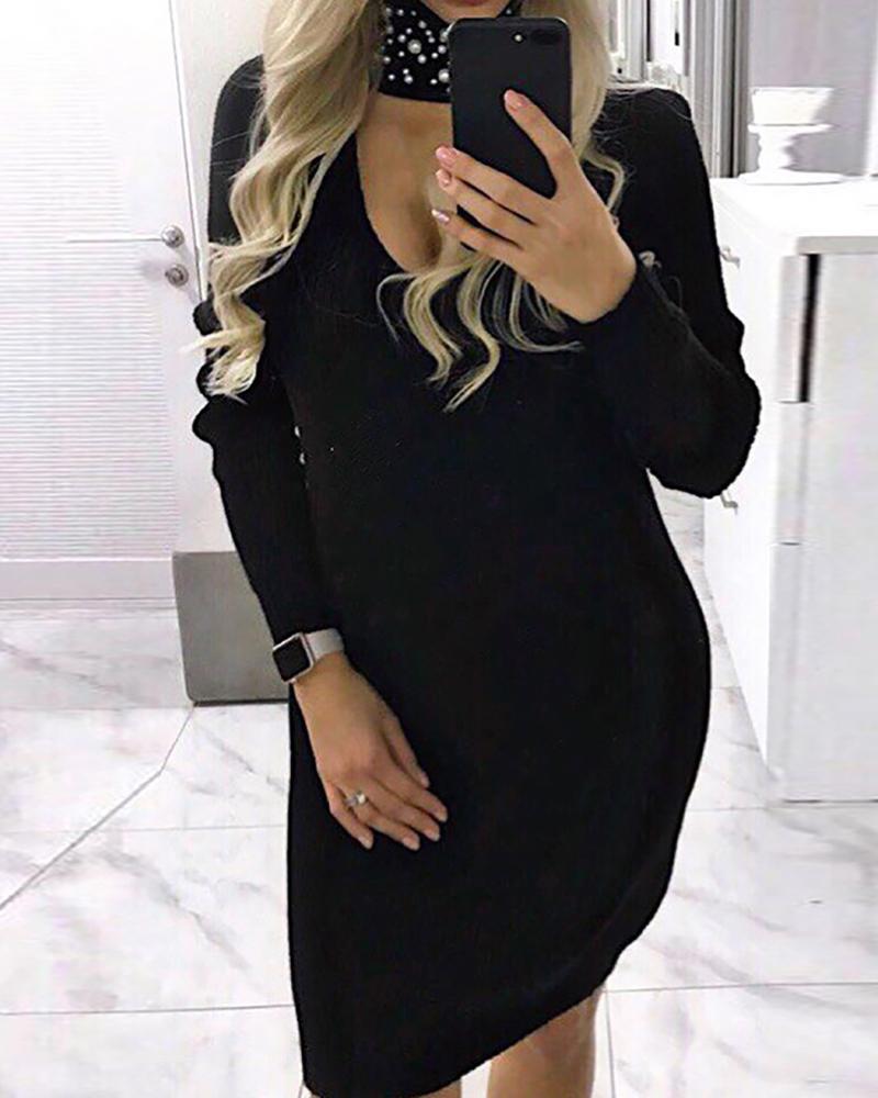 

Solid High Neck Beaded Cut Out Sweater Dress, Black