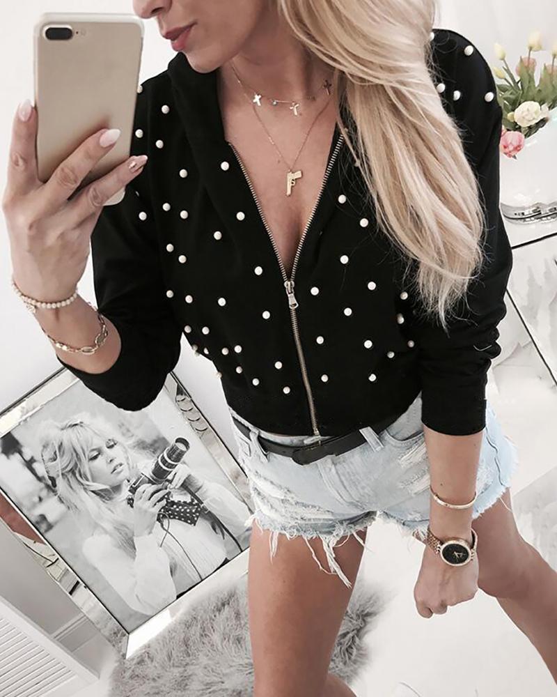 

Solid Pearl Beaded Zipped Casual Sweatshirt, Black