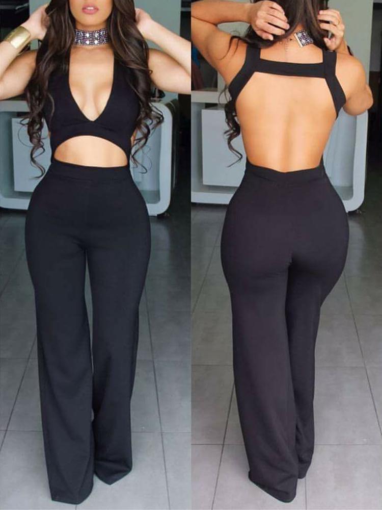 

Sexy Backless Front Cut Out Loose Leg Jumpsuit, Black