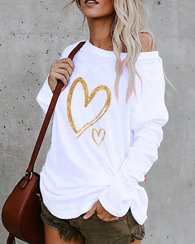 

Heart Print Long Sleeve Casual T-Shirt, White