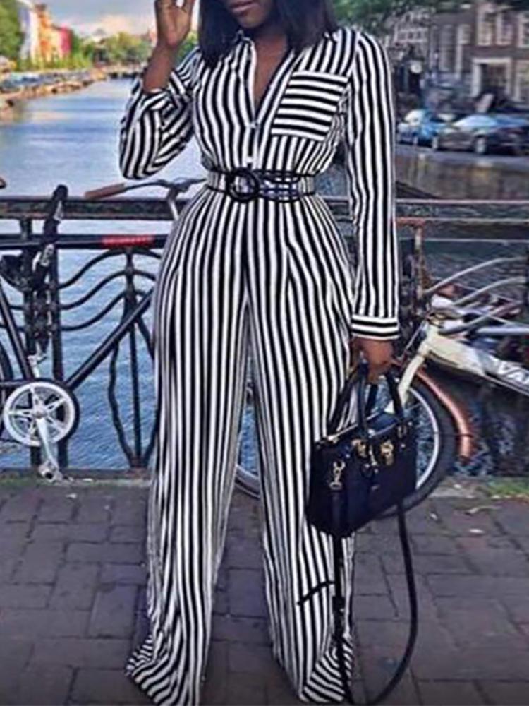 

Stripes Pocket Design Wide Leg Shirt Jumpsuit