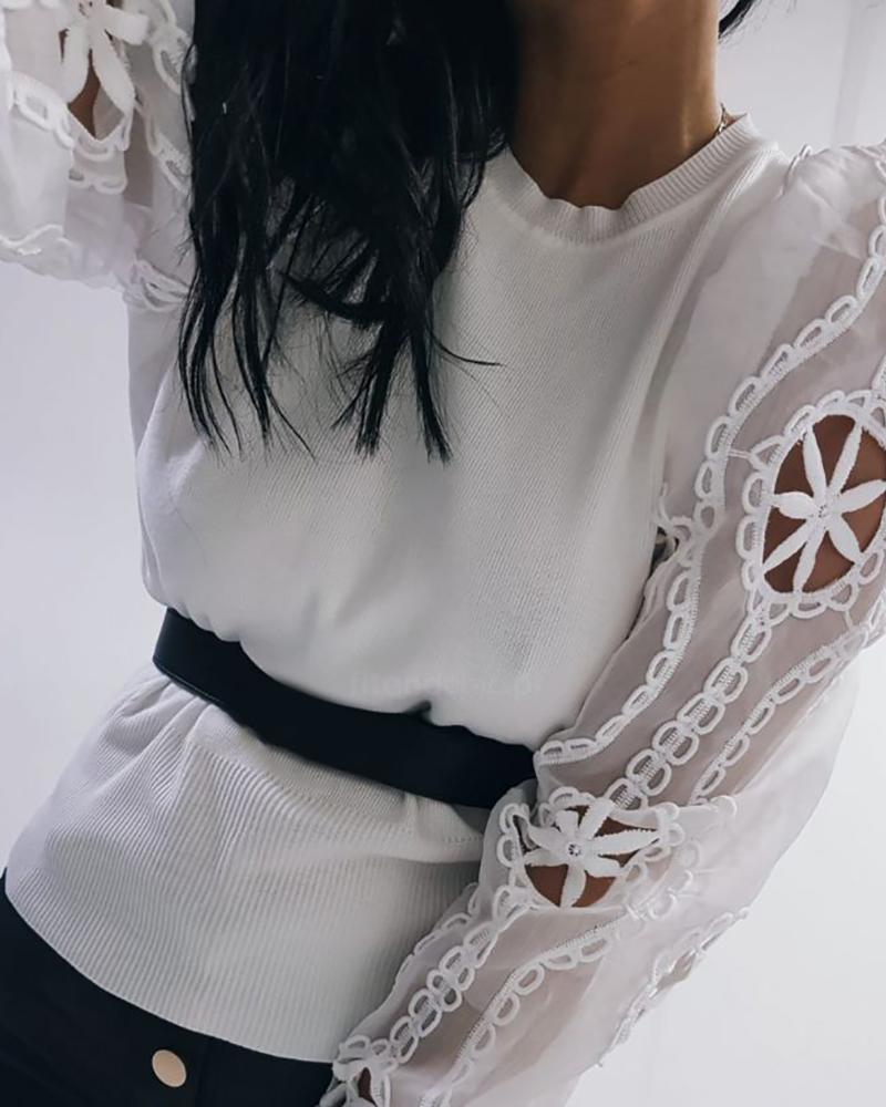 

Sheer Mesh Hollow Out Long Sleeve Sweater, White