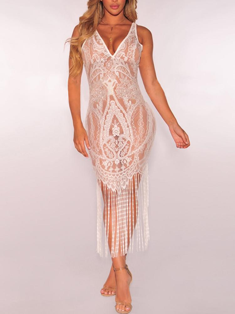

Sexy Sheer Mesh Tassels Bodycon Dress Cover Ups