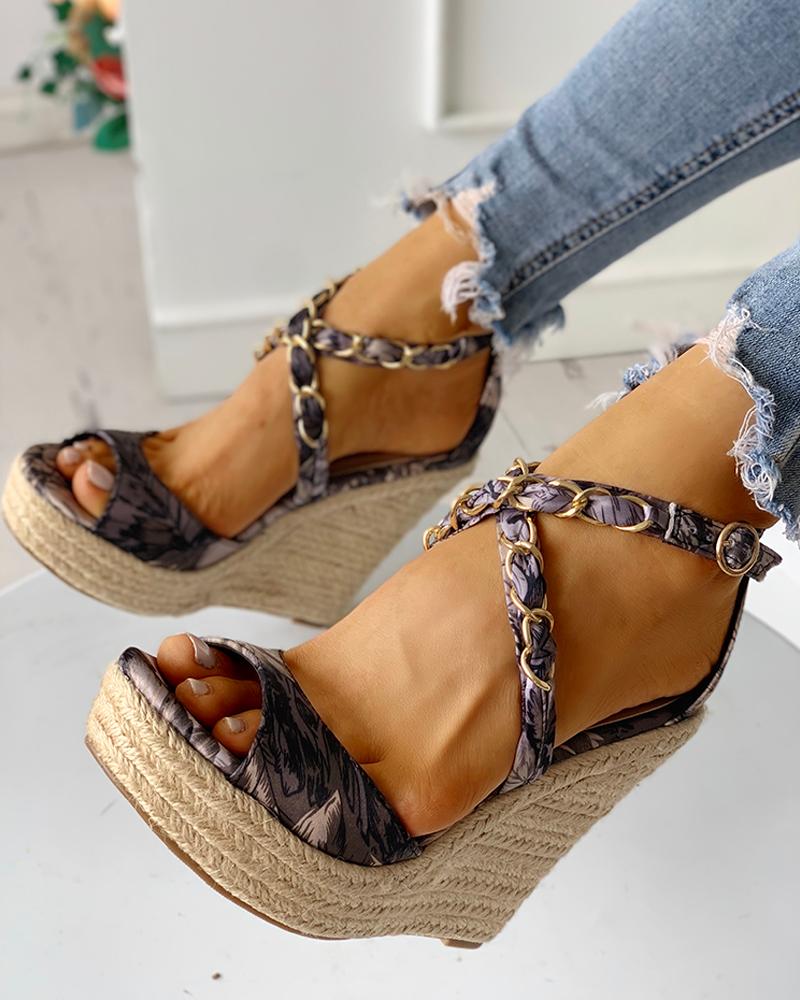 

Floral Chain Detail Platform Wedge Sandals, Gray