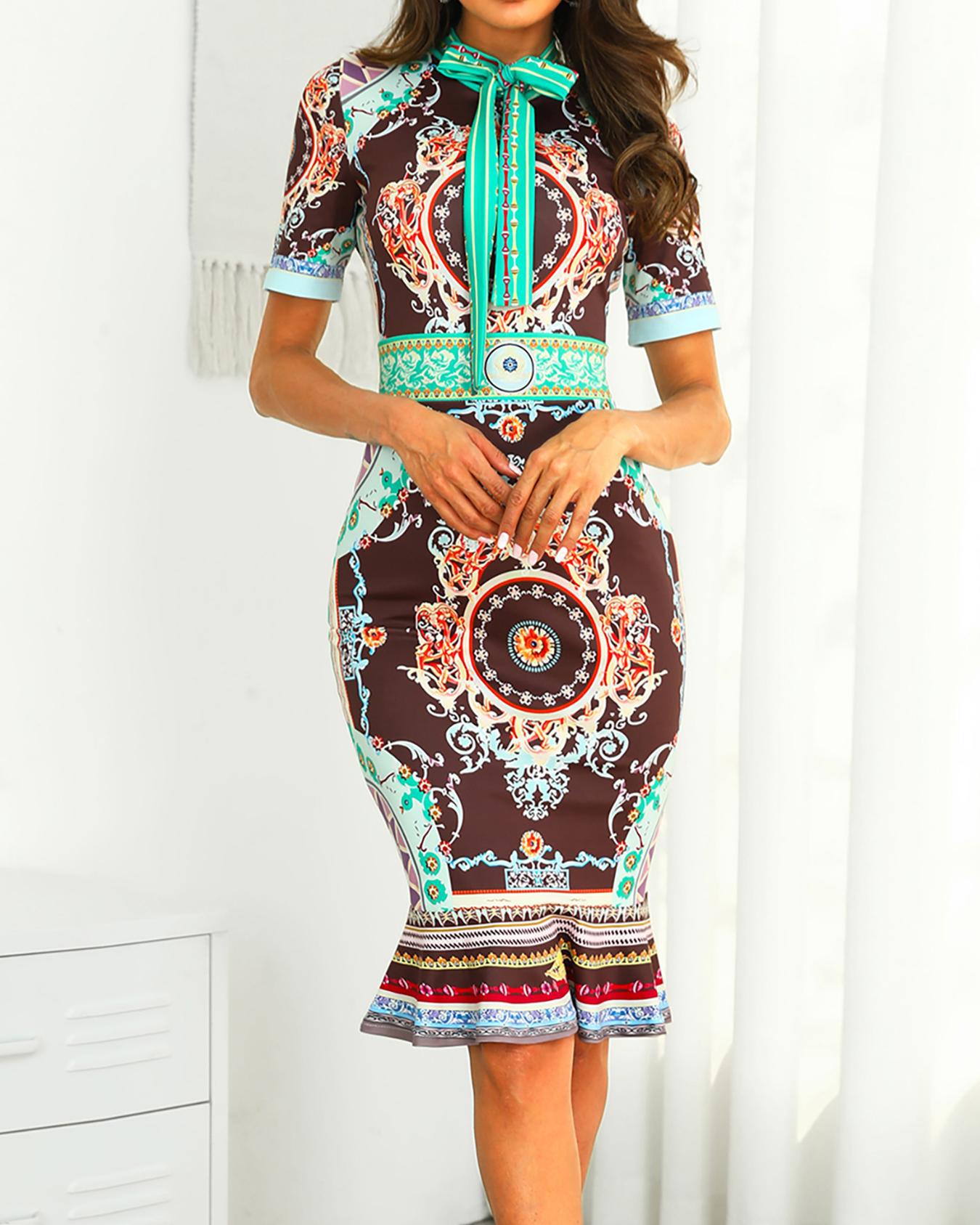 

Retro Print Tie Neck Short Sleeve Dress, Black