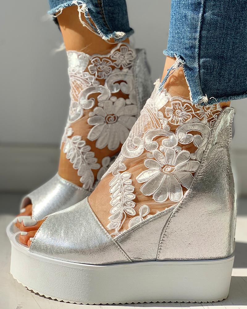 

Lace Hollow Out Open-toe Wedge Sandals, Silver