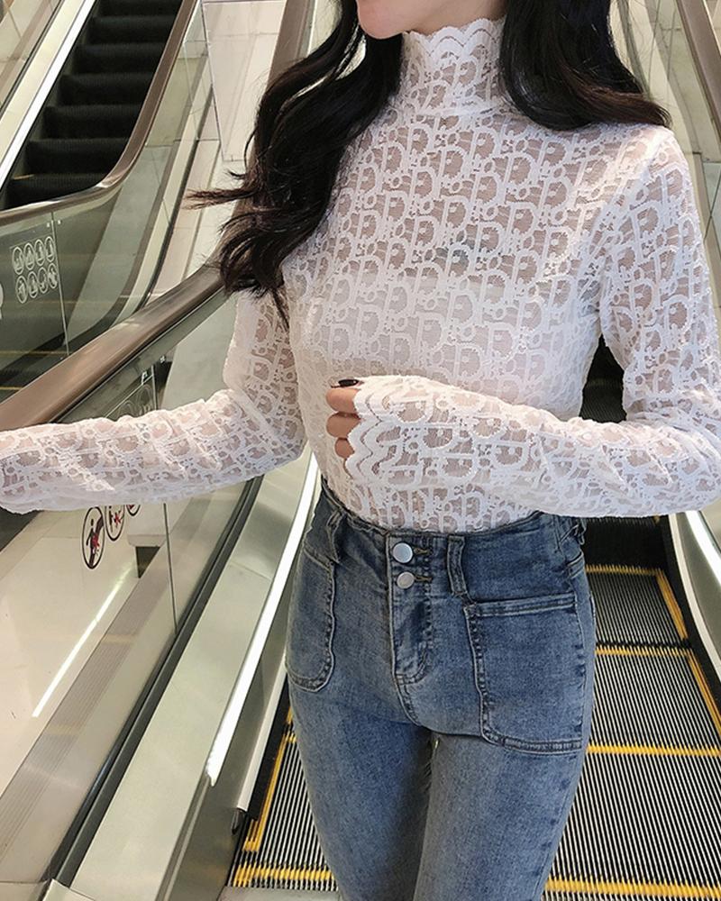 

Eyelet Lace Trim High Neck Top, White