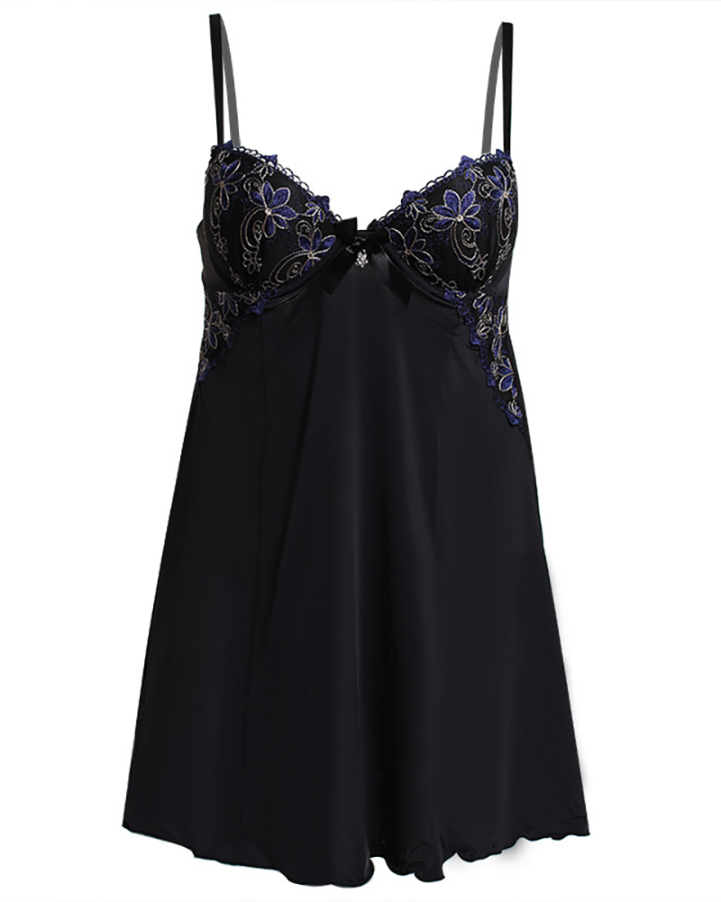 

Sheer Mesh Embroidery Floral Lace Babydoll, Black